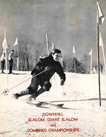 Black and white photograph of Andrea Mead Lawrence skiing with the text "Downhill Slalom, Giant Slalom, and Combined Championships".