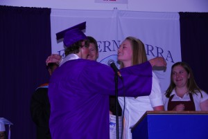 Justin Diem, recipient of the 2009 Mono Lake Scholarship being congratulated by Hannah Gehrman, recipient of the 2008 Scholarship at the Eastern Sierra Academy graduation ceremony. Photo courtesy of the Diem Family.