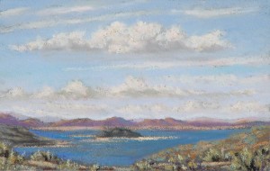 Negit Island from Lundy Canyon. Original pastel painting by Ane Carla Rovetta.