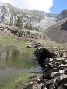 An old bridge over Lee Vining Creek normally below the waters of Ellery Lake