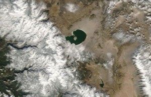 A NASA photo taken at about noon on 11/13/09 shows extent of snow in the Mono Basin south of Mono Lake.