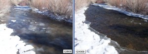 Rush Creek minutes before and two days after the flood. Click to enlarge. Photos by Greg Reis.