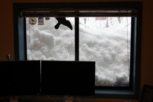 4pm, Monday January 18, 2010. Avalanches of roof snow have nearly blocked the window.