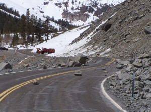 Caltrans has to blast some of the larger boulders that have fallen on Blue Slide, keeping Tioga Road closed from the east. Photo by Greg Reis. Caltrans has to blast some of the larger boulders that have fallen on Blue Slide, keeping Tioga Road closed from the east. Photo by Greg Reis.