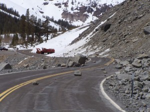 Caltrans has to blast some of the larger boulders that have fallen on Blue Slide, keeping Tioga Road closed from the east. Photo by Greg Reis.