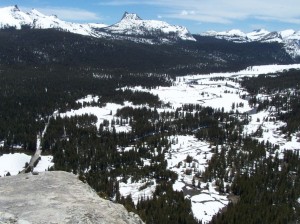 Snow-covered Tuolumne Meadows from Lembert Dome, May 30th, 2010.