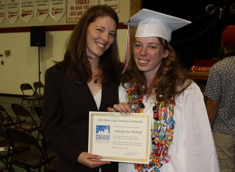 Arya Degenhardt presented Katie Woodruff with a Mono Lake Committee Scholarship at the Lee Vining High School graduation. Photo courtesy of Sarah Taylor.