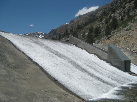 Water cascades over the Lundy Lake Reservoir spillway on its way down Mill Creek to Mono Lake. Photo by Sarah Melcher.