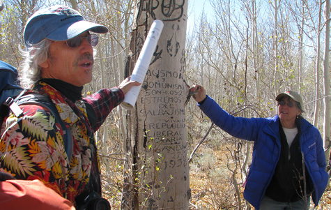 Richard Potashin and Nancy Hadlock interpret a Basque arborglyph. Photos by Claire Skinner and Elin Ljung.