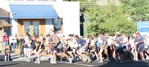 And they're off! The Tioga Pass Run participants start the race in front of the Mono Lake Committee in Lee Vining.