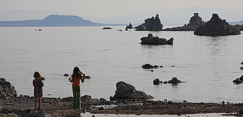 Two young Monophiles enjoy the Mono Lake Tufa State Natural Reserve at Old Marina. Photo by Arya Degenhardt.