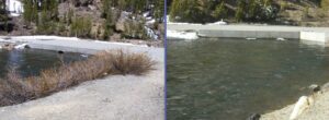 Saddlebag Lake Road culverts, June 5, 2010 on the left (by Greg Reis) and June 15, 2011 on the right (by Julia Runcie). Both years had peak flows over 500 cfs thanks to the upstream reservoir operations and a rapid melting of the snowpack.