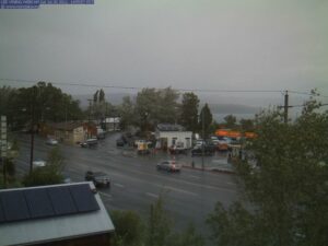 Lee Vining WebCam view of Saturday's thunderstorm that closed Highways 395 and 120 for short periods of time.