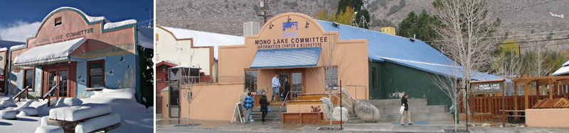 A set of two images of the Mono Lake Committee storefront, one from 2008 under lots of snow, and another newly renovated from 2012 with the same iconic old-western-style facade.