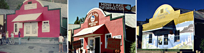 A set of three images of the storefront of the Mono Lake Committee in the late 70s, early 80s, and 90s, with different paint colors, signs, and murals, but always the same iconic old-western-style facade.