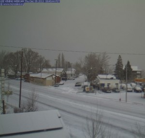 Lee Vining Webcam shot from 8:45 am 12/5/2013 showing three inches of new lake-effect snow.