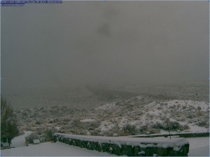 Mono Lake Webcam shot from 8:29 am 12/5/2013 showing the new snow at the Scenic Area Visitor Center at the north end of Lee Vining. The dark area at the center of the photo is the riparian vegetation along Lee Vining Creek ending at Mono Lake.