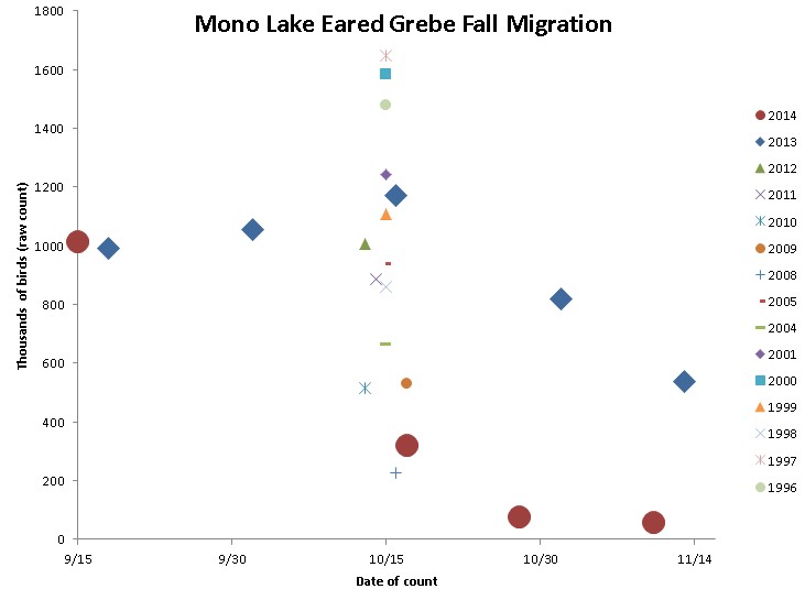 Thousands of Eared Grebes on Mono Lake during fall migration since 1996. Raw numbers should be increased by 15% to account for diving birds and match the numbers in the article. Thousands of Eared Grebes on Mono Lake during fall migration since 1996. Raw numbers should be increased by 15% to account for diving birds and match the numbers in the article.