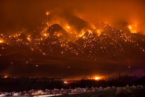 A view of the Round Fire moving up the Wheeler Ridge on Friday night, driven by unusually strong winds. Photo courtesy of Jerry Dodrill.