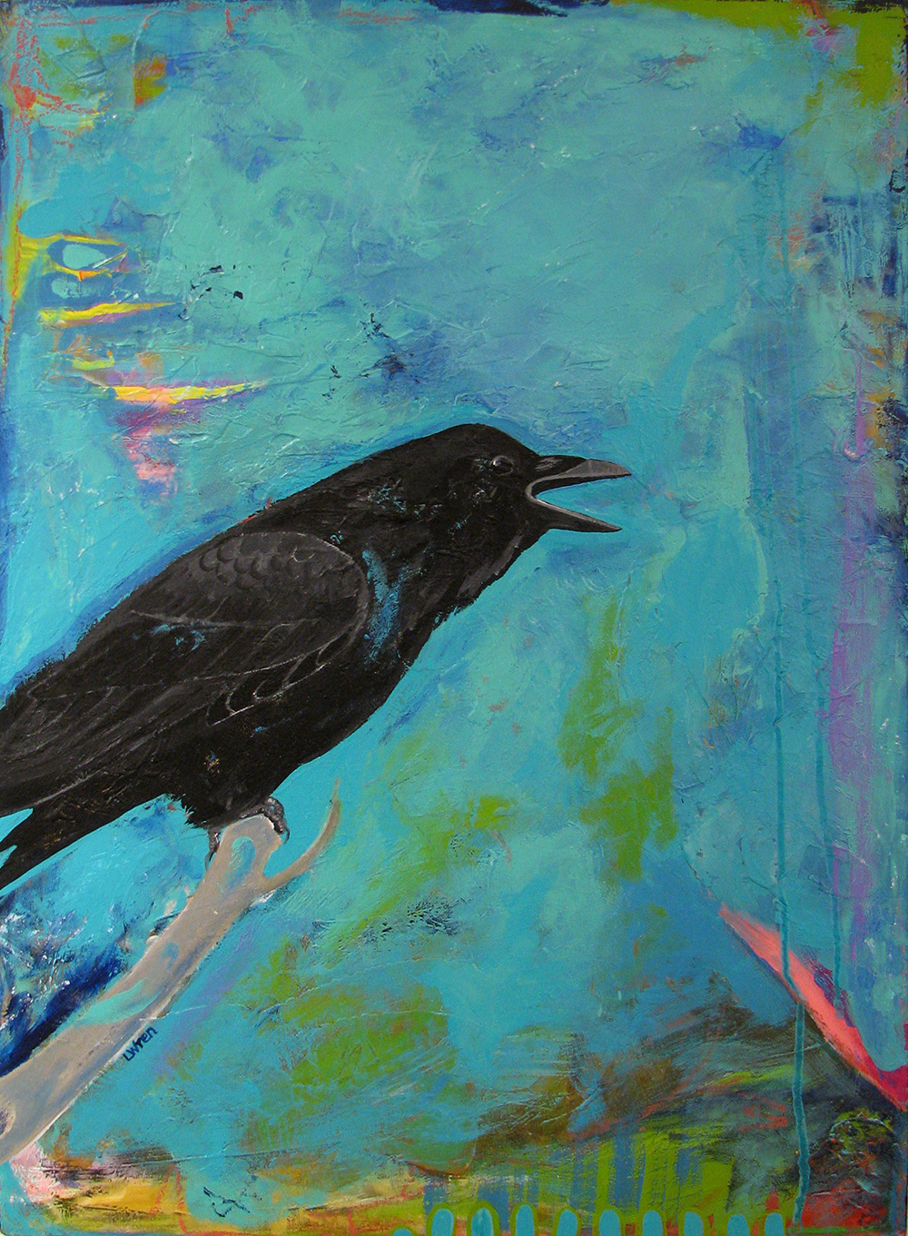 "Corvid Corax," a Common Raven in mixed media on wood panel by L. Wren Walraven.