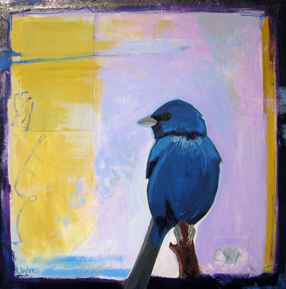 "Indigo," an Indigo Bunting in acrylic and collage on wood panel by L. Wren Walraven.