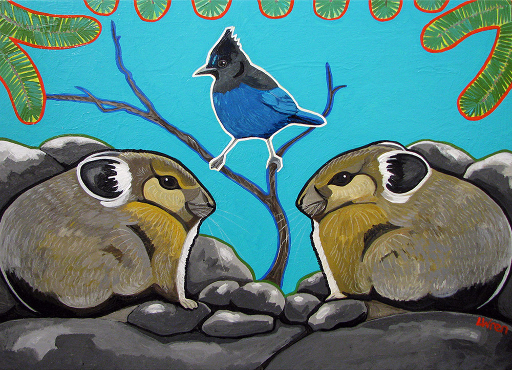 "Pika Pika," two pikas with a Steller's Jay in acrylic on wood by L. Wren Walraven.