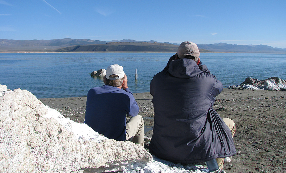 DWP and Mono Lake Committee staff read the Mono Lake level gauge together on April 1, 2015. Lake level: 6379.01 feet. Photo by Elin Ljung.