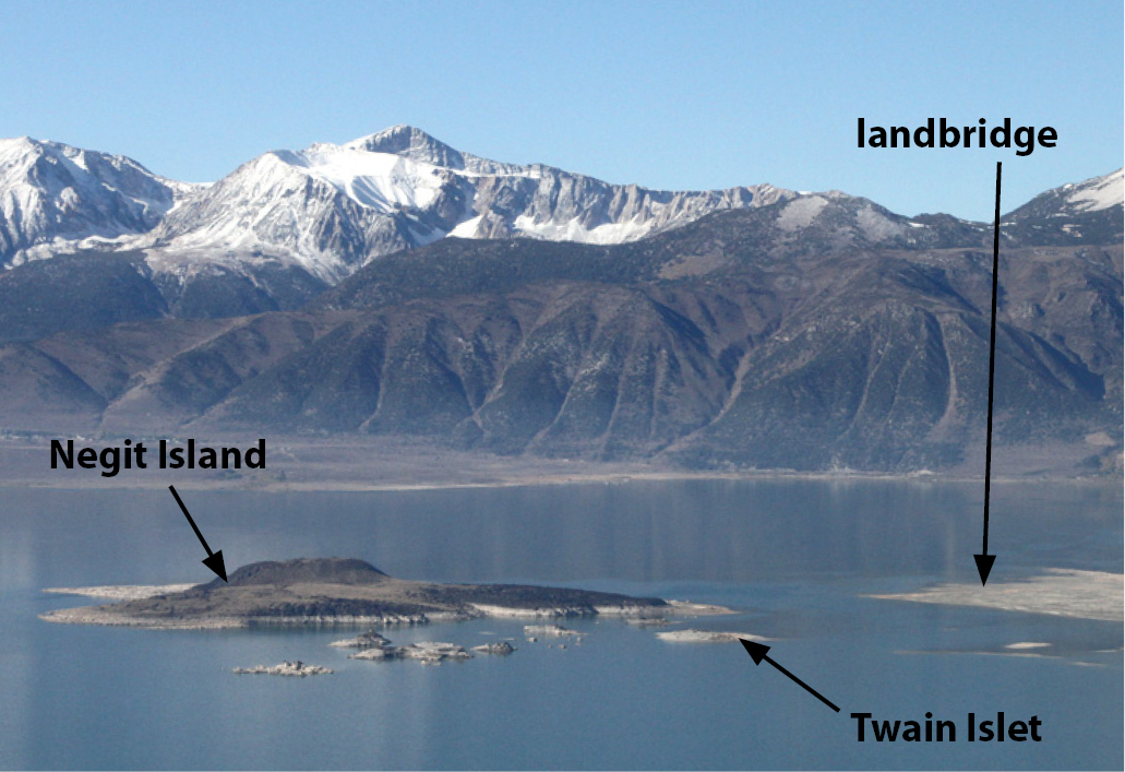 Negit Island and islets, October 2012 at lake level 6382.4'. Today the lake is 6379', four feet above the connection with Negit Island. Photo by Arya Degenhardt, with Aerial support by Lighthawk.