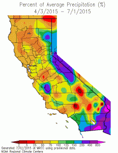 The wet July continues the wet May-June centered on Mono County. This map from the Western Regional Climate Center shows April-June precipitation in percent of average.