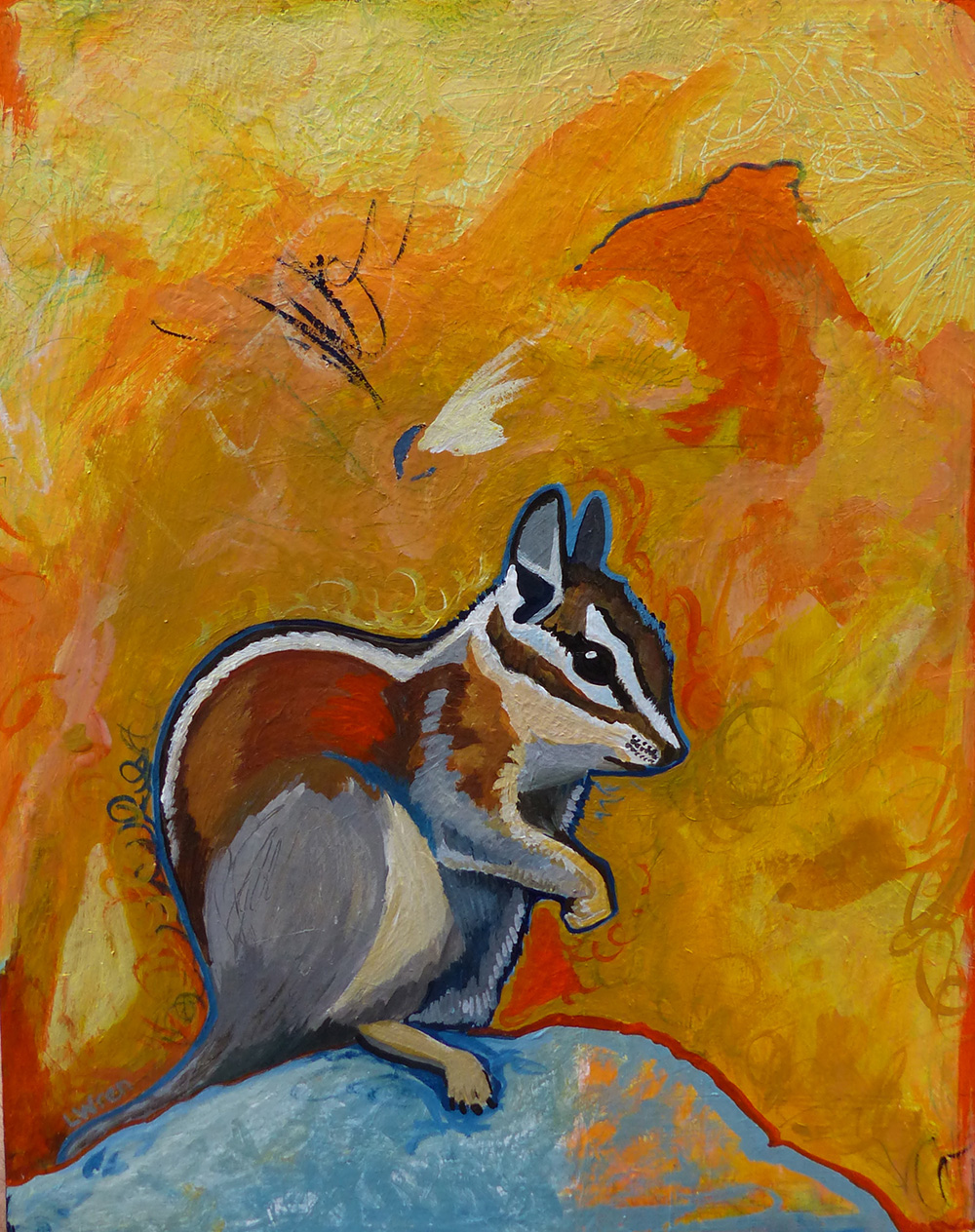 "Blue Rock," an Allen's chipmunk. Mixed media on wood panel by L.Wren Walraven.