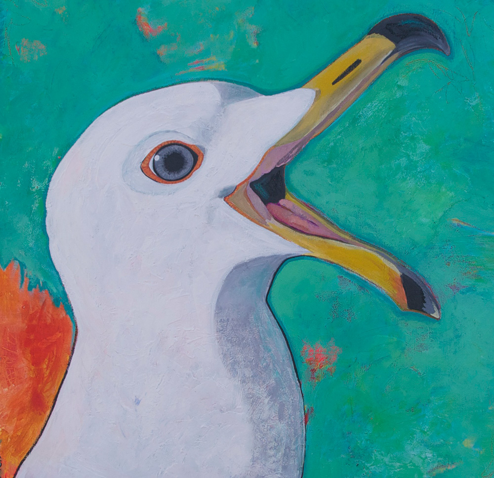 "Boisterous!" California Gull. Mixed media on canvas by L.Wren Walraven.