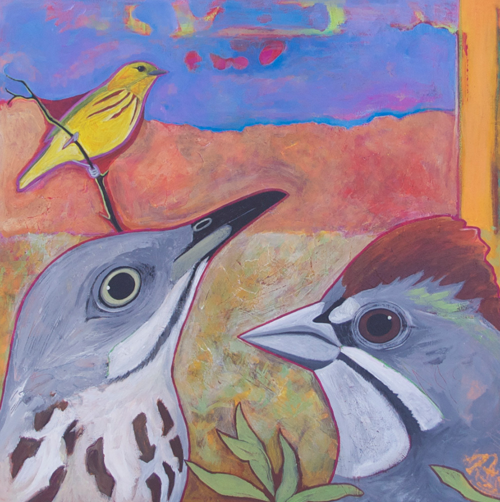 "Mono Lake Trio," a Green-tailed Towhee, Yellow Warbler, and Sage Thrasher. Mixed media on wood panel by L.Wren Walraven.