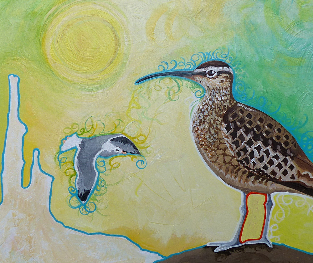 "Whimbrel and Gull." Acrylic on wood by L.Wren Walraven.