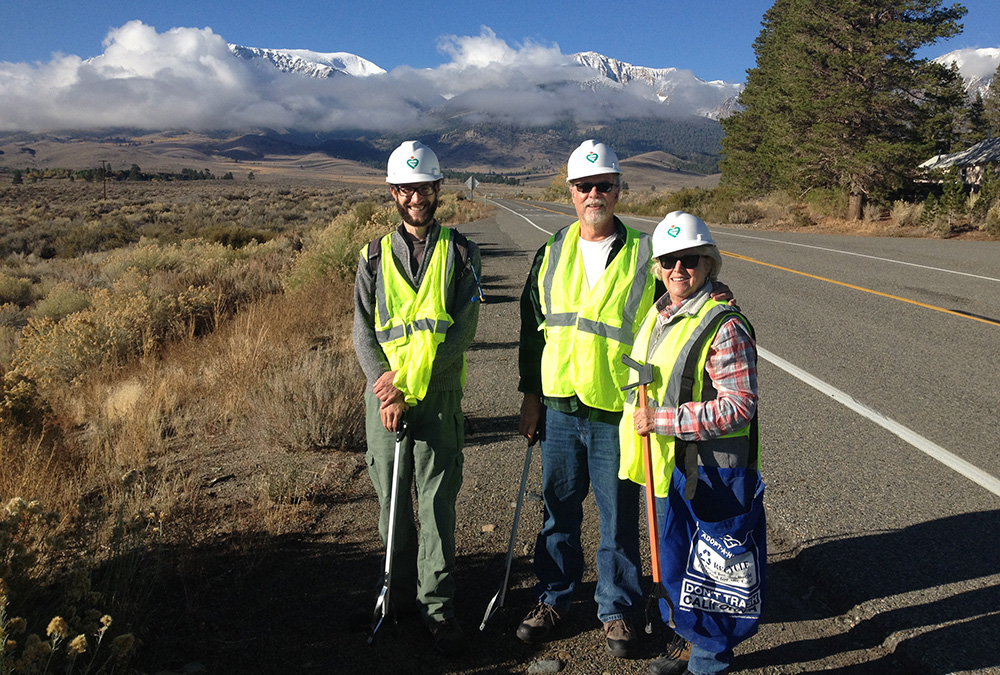 Project Specialist Robbie and Mono Lake volunteers Rich and Cathy helped make this year's Adopt-A-Highway cleanup a huge success. Photo by Andrew Youssef.