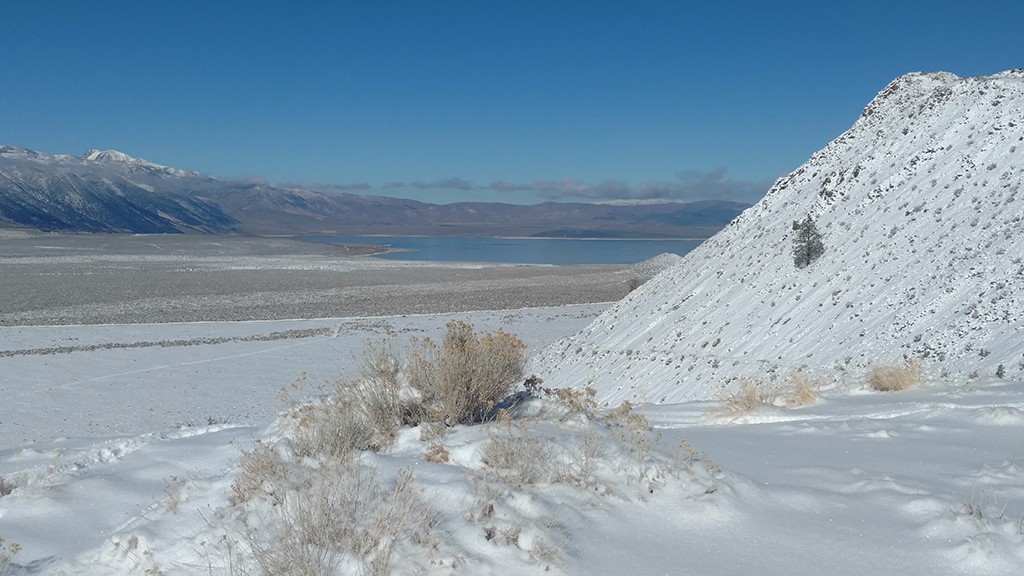 Looking north across Mono Lake. Snowy south contrasts with a dry north shore. Photo by Bartshe Miller.