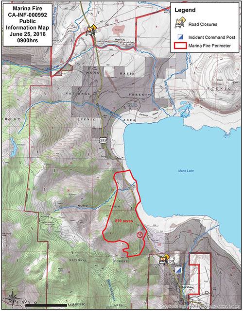 The most recent, most accurate mapping shows the Marina Fire at 819 acres west of Mono Lake. Map courtesy of the Inyo National Forest.
