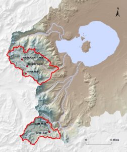 At Ellery Lake and Saddlebag Lake, in the Lee Vining Creek headwaters, March 1st SWE was already higher than the record April 1st SWE set in 1983. Map by Robbie DiPaolo.