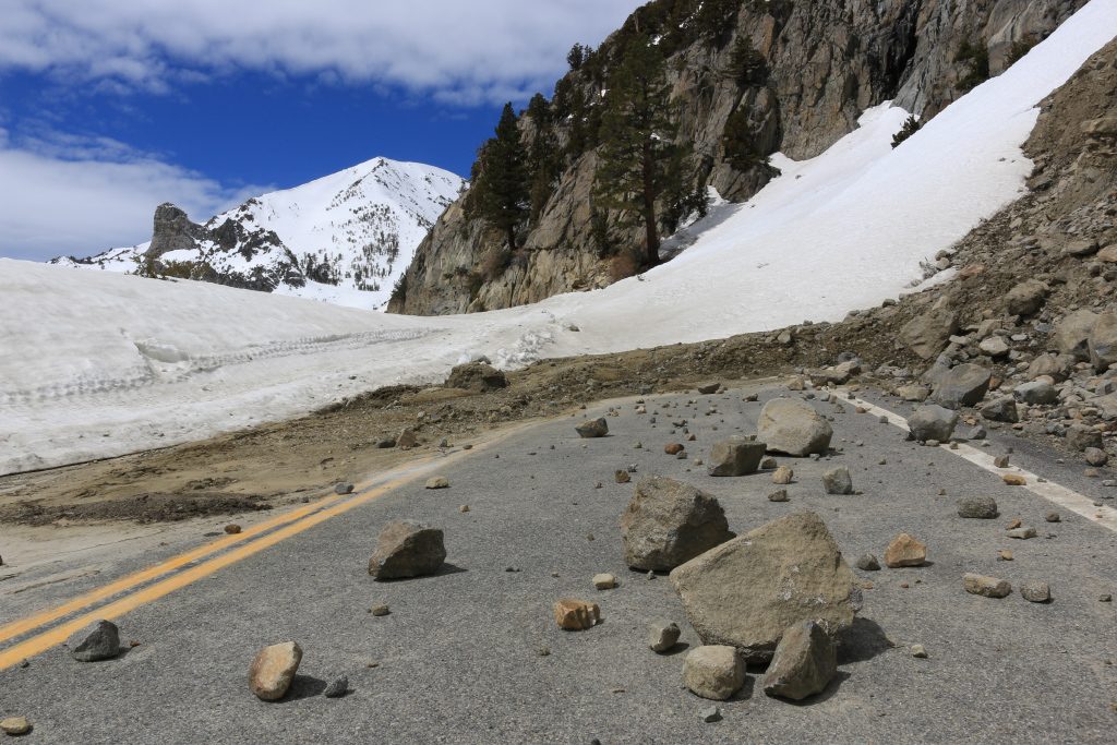 Tioga Pass Road is full of avanlanch debris, April 2017.