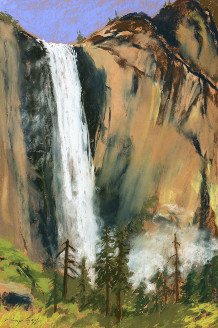 A pastel work of a waterfall cascading down a cliff face with trees at the bottom.