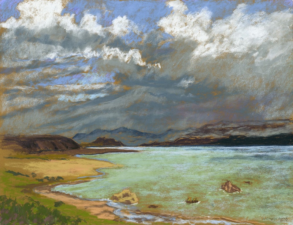 Pastel work of Mono Lake with storm clouds in the sky.