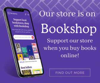 An iphone shows the Bookstore app against a purple backdrop, and white text reads: Our store is on Bookshop, support our store when you buy books online!