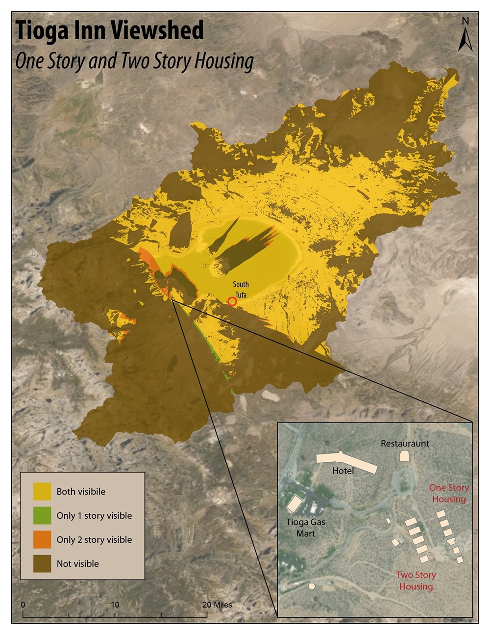 A colored map shows the Tioga Inn Viewshed, with different colors to indicate whether both, one, or two stories of the project would be visible from those areas. the majority of the map indicates both stories are visible.