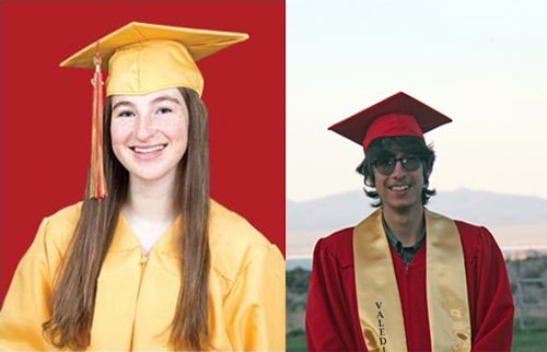 Two graduation portraits side by side. On the left, A smiling girl wearing a yellow graduation cap and gown against a red background, on the right, a boy in red graduation cap and gown with a gold Valedictorian neckline.
