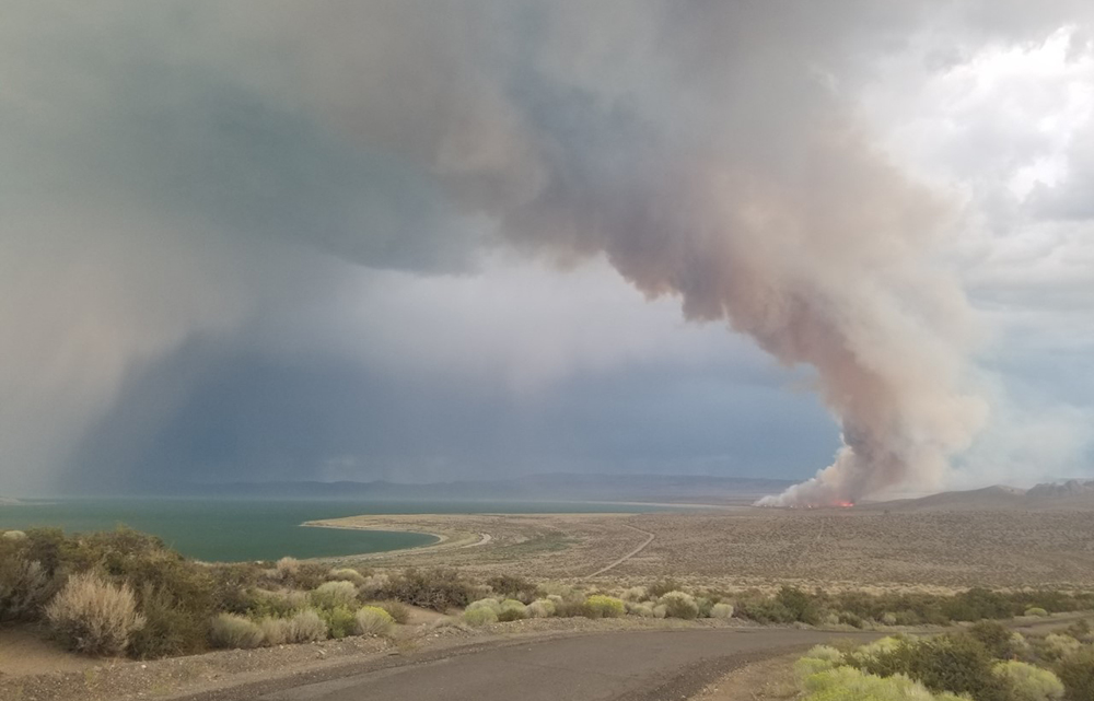 The curved coastline of Mono Lake is shown with a large tower of light gray smoke rising from the far side. Green sagebrush lines the road in the foreground.