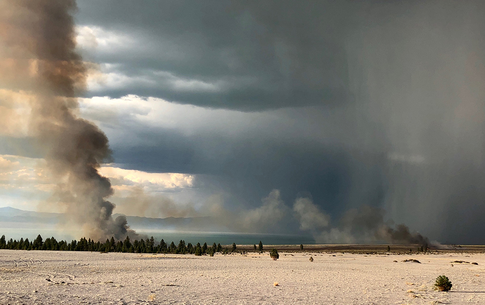 Sand and evergreens with a glimpse of dark blue water are shown partially covered by two dark gray smoke plumes, as well as a striping of smoke in the right side of the sky.