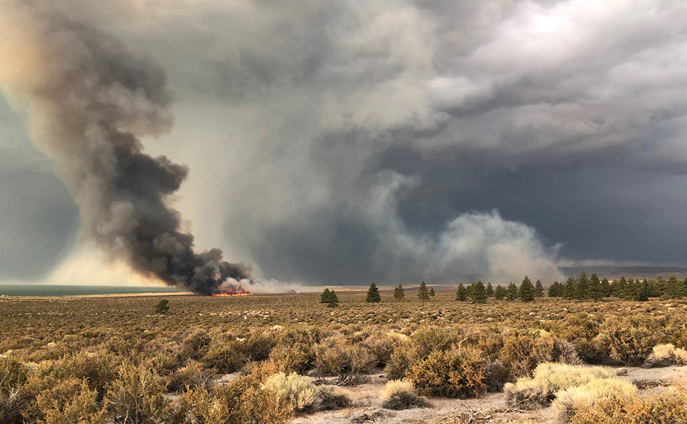 A dark gray plume of smoke rises from an orange glowing patch of the Mono Lake shore. Clouds and smoke fill the air above golden sagebrush and evergreens.