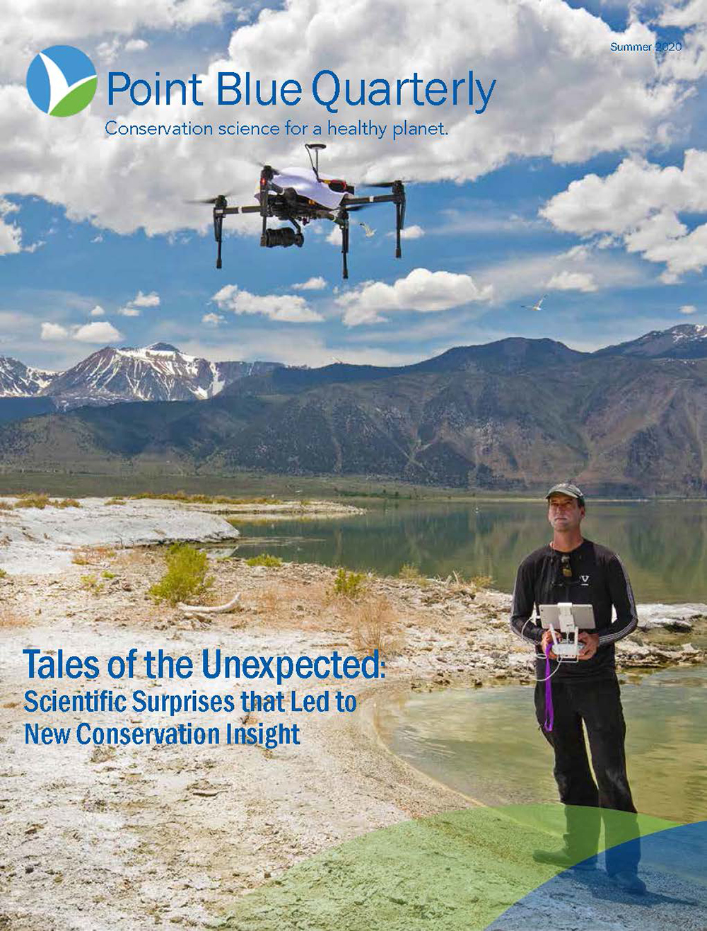 A poster for Blue Point Quarterly shows a drone flying above a man with the controls in his hands. He is standing on the shore of Mono Lake, and the green water is still, with the Sierra Nevadas in the background.