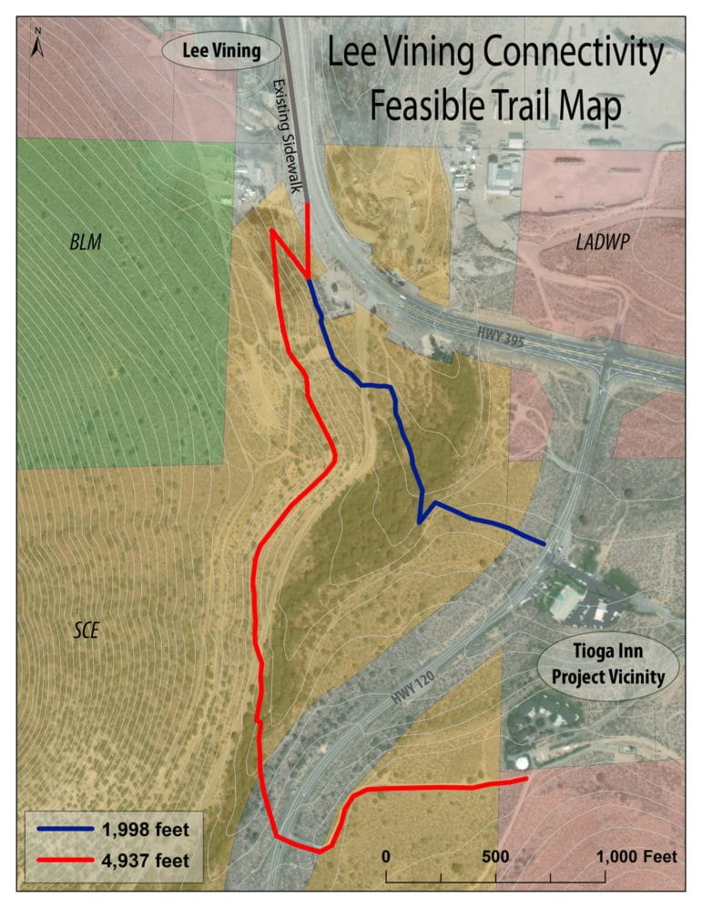 A topographical map including the Tioga Inn Project shows the Lee Vining Connectivity Feasible Trail Map with red and blue lines showing different routs from Lee Vining to the Tioga Inn.