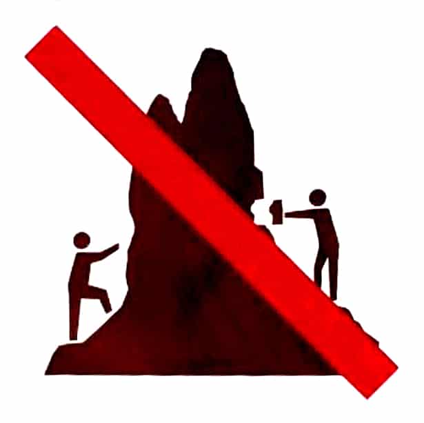 Symbol of a red slash to cross out an image people climbing on and collecting tufa rock.