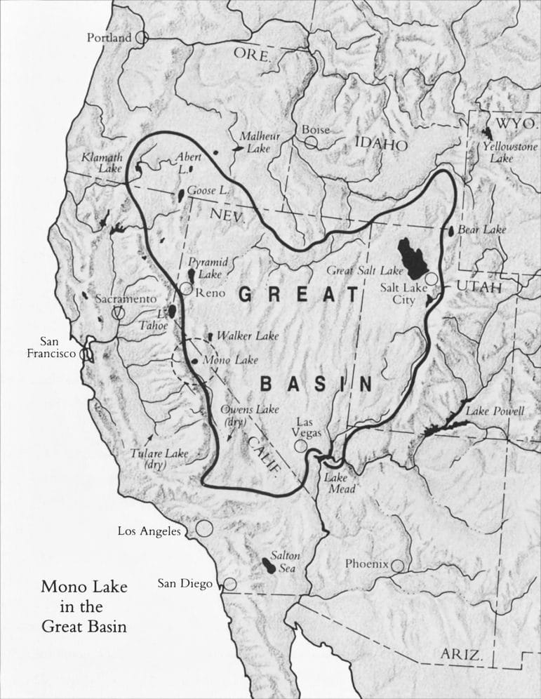 Black and white map of the Great Basin geological province over parts of California, Nevada, Utah, Oregon, Idaho, and Arizona.